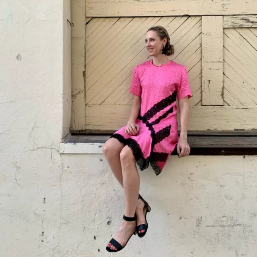 New Koche Pink‎ SilkyLeopard Black Lace Asymmetrical Dress